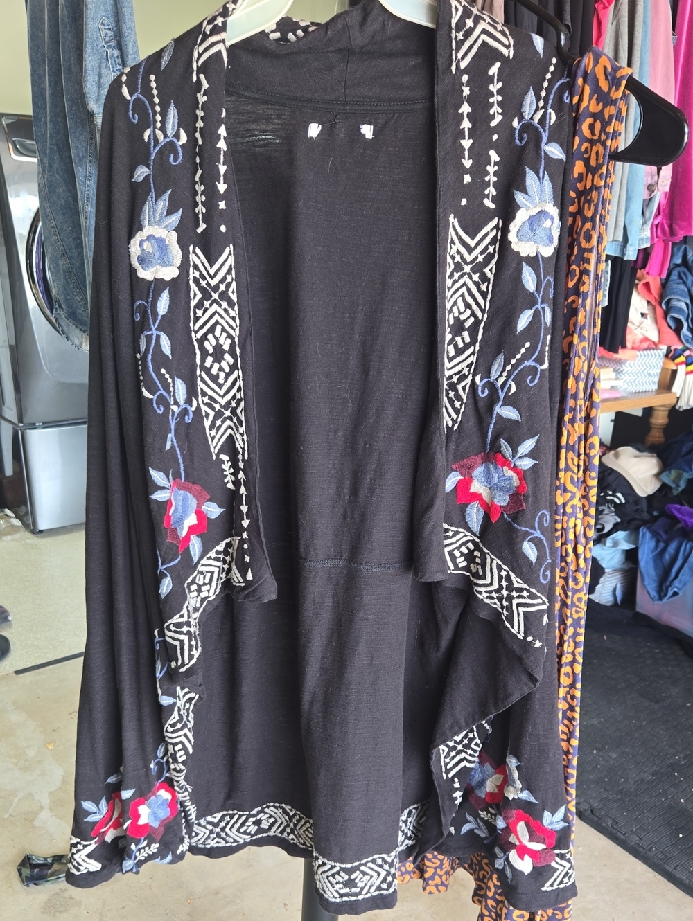 Embroidered Open-Front Black Women's Cardigan Sweater